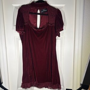 Killstar Burgundy Corset Velvet Dress with Lace Details and Collar